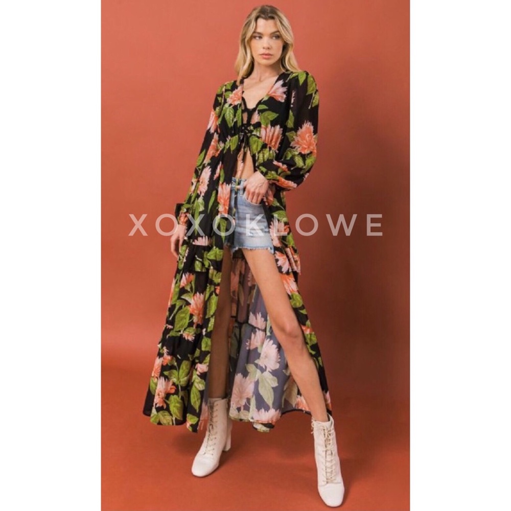 Flying Tomato Tropical Print Duster | Tie Waist Tiered Maxi Top - Picture 9 of 12